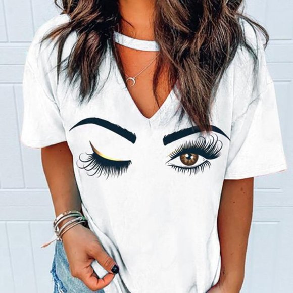 Wink Printed V-Neck T-shirt with Neck Detail - Picture 2 of 2